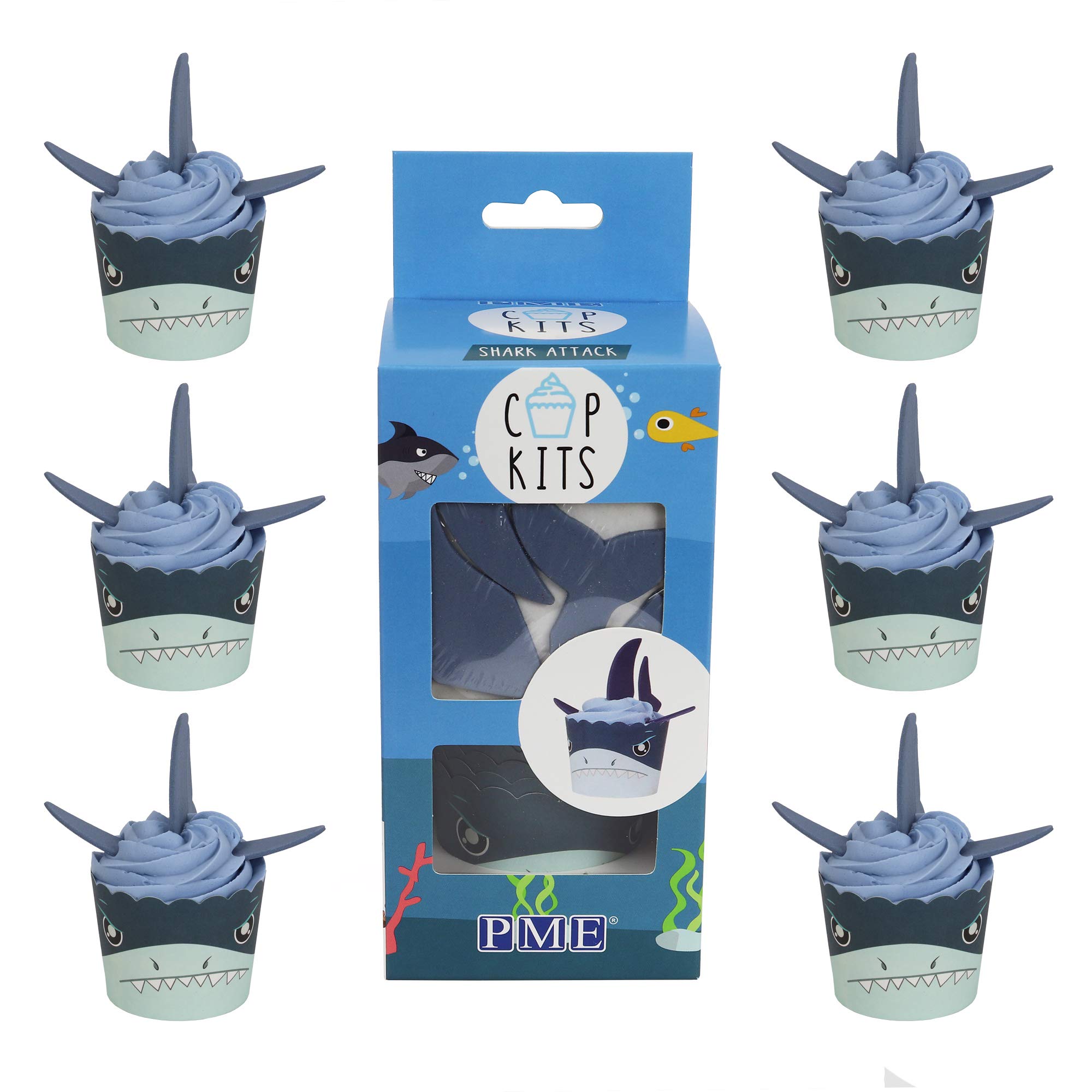 PME CUP06 Cupcake Decorating Kit with Edible Toppers, Paper, 6 Cups, Shark Attack