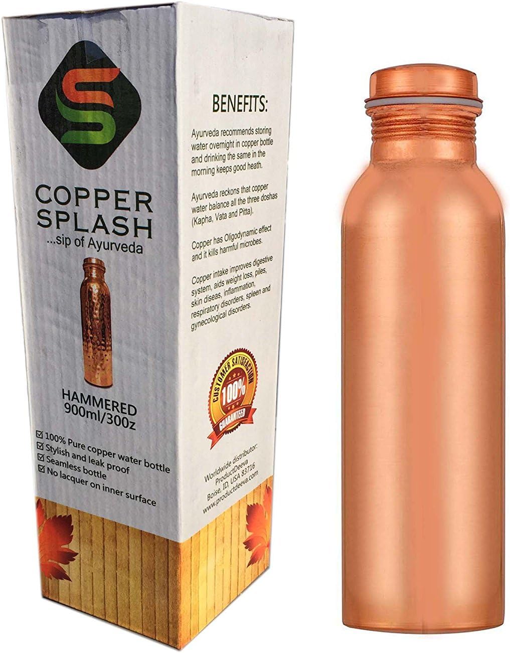 Copper Splash Pure Copper Water Bottle - no Joint and Leak Proof Copper Pitcher - no Messy Label - Copper Vessel have Ayurvedic Health Benefits. Holds 900 Mililitre or 30 Ounce (34oz)