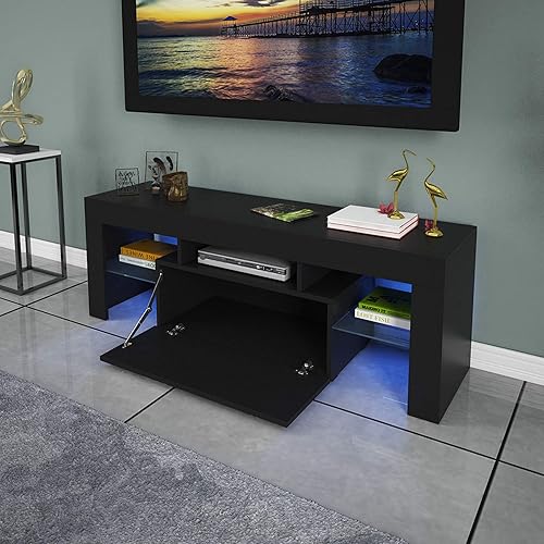 LED Light TV Stand Modern Media Storage Console Cabinet Wood High-Gloss TV Desk Entertainment Center for Television with Drawer and Shelves Living Room Furniture US in Stock (D-51.2×13.8×17.7in)