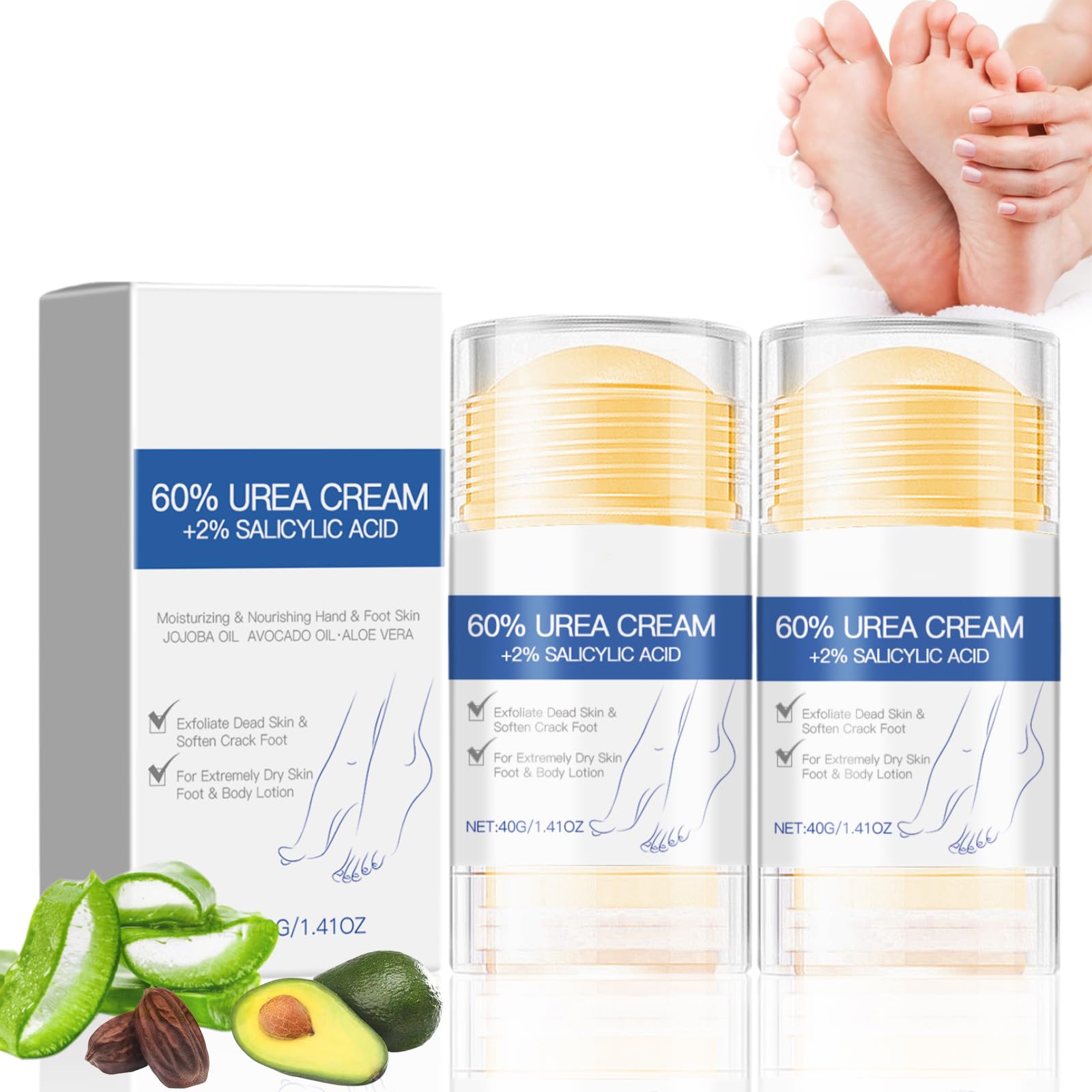 JORUN 2 Pcs Urea Foot Cream 60% + 2% Cracked Heel Repair Cream - 80 G Urea Cream for Cracked Heels and Dry Skin - Foot Cream for Hard Skin Can Deeply Moisturizes and Softens Dead Skin
