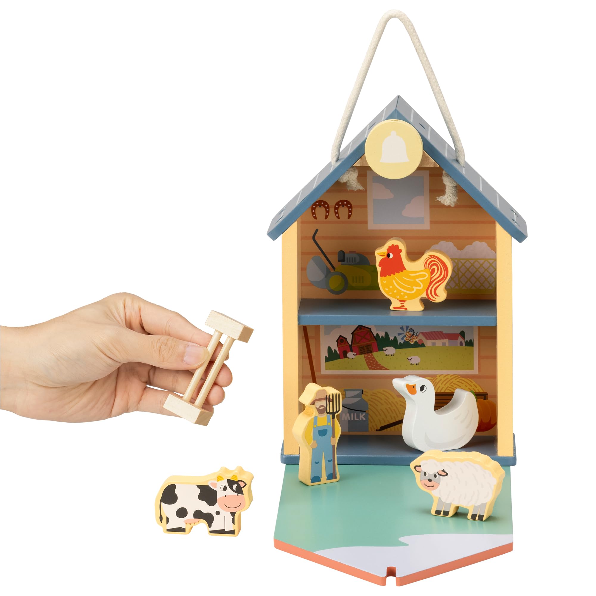 Navaris Toy Farm House - Wooden Farm Set for Toddlers with Barn Carry Bag and Animals - Learning and Fun with Animal Play Set