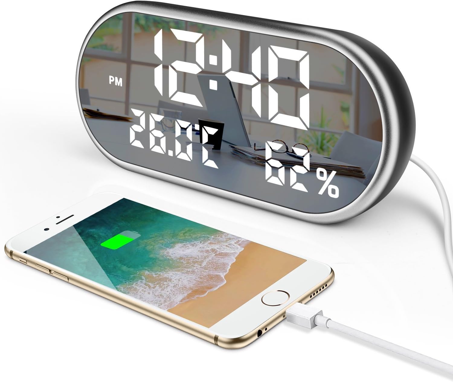 Newthinking Digital Alarm Clock with USB Charger Port, 6.5" Large LED Display Dimmer Easy Set Three Alarms, Temperature and Humidity Clock for Bedrooms