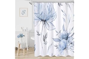 Litabel Blue and Grey Boho Watercolor Floral Shower Curtain, Ink Painting Style Blossom & Leaf Shower Curtains for Chic Elegant Bathroom, Artistic Fabric Cloth Flower Shower Curtain, 72x72