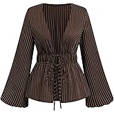 SweatyRocks Women's Plus Size Striped Long Sleeve Peplum Blouses Dressy Cinched Waist Babydoll Shirts