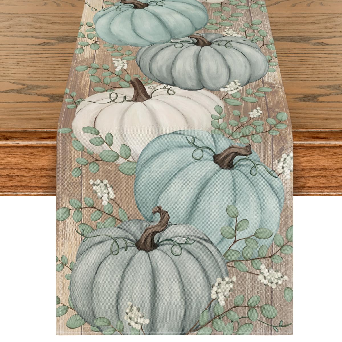 Photo 1 of Artoid Mode Pumpkins Eucalyptus Leaves Wood 210 GSM Fall Table Runner, Autumn Thanksgiving Kitchen Dining Table Decoration for Home Party Decor 13x72 Inch