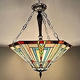 COTOSS Tiffany Pendant Light Fixtures,22" Wide Large Stained Glass Inverted Ceiling Pendant for Dining Room,Antique Style 3 L