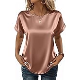 Zeagoo Satin Blouse for Women Business Casual Outfit Short Sleeve Tops Crewneck Tshirt Silk Shirt Summer Clothes