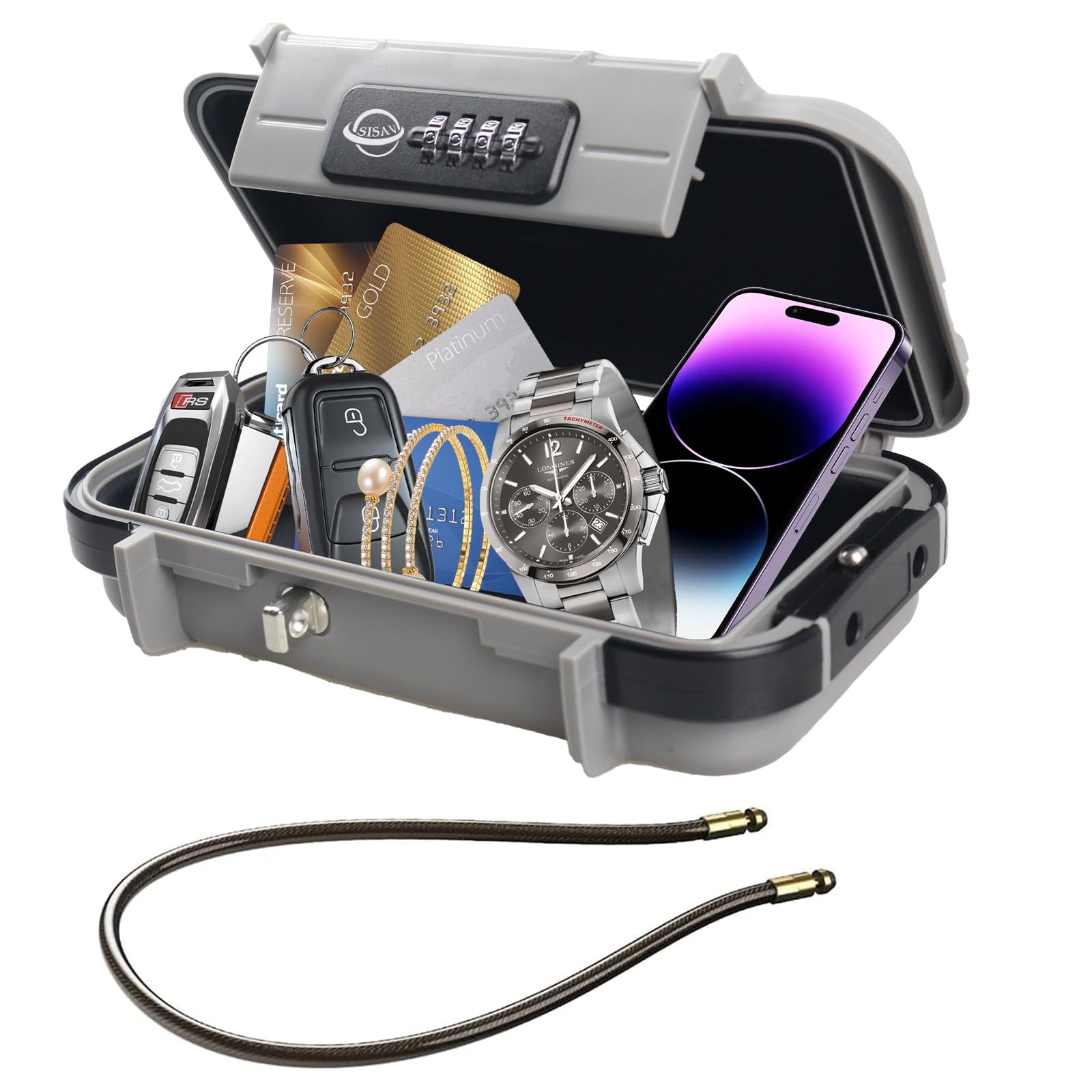 SISAV Portable Safe Box,Combination Safe with Removable Cable,Set Your Own Combination,For Travel,Family and Outdoor Camping Activities Grey
