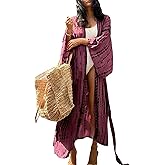 Chunoy Women Casual Tie Dye Open Front Kimono Cardigan Long Sleeve Beach Bikini Cover Up for Swimwear Dark Red