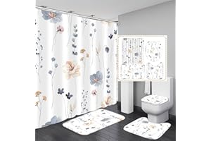 DDQQ 4Pcs Watercolor Flower Shower Curtain Set with Non-Slip Rugs, Toilet Lid Cover and Bath Mat, Modern Minimalist Floral Shower Curtain with 12 Hooks, Blue Beige Bath Curtain for Bathroom Decor