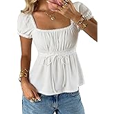 SOLY HUX Women's Square Neck Short Sleeve Peplum Tops Tie Front Summer Teen Girls Babydoll Top T Shirt