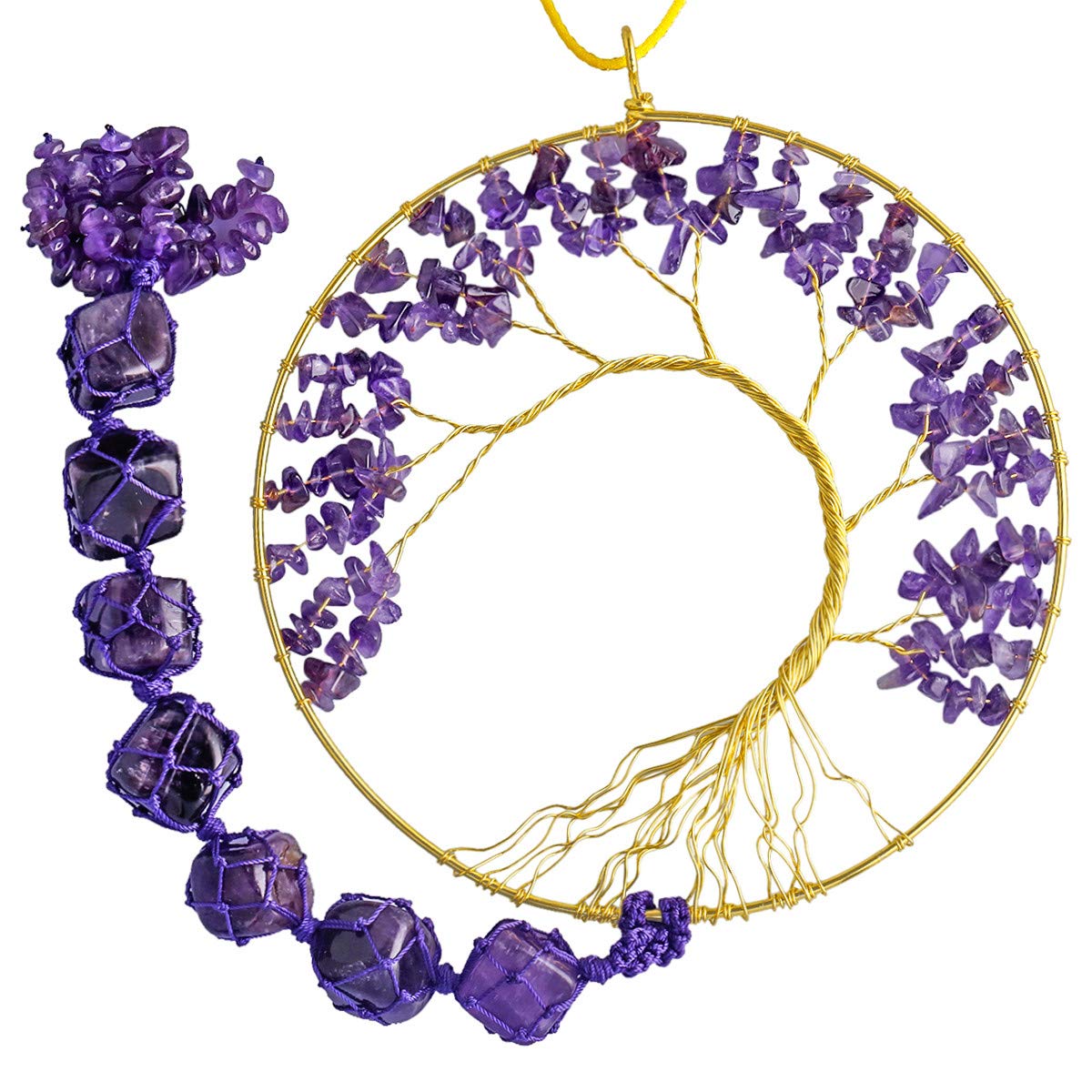 Nupuyai Amethyst Healing Crystals Tree of Life Wall Hanger, Tumbled Gemstones Meditation Hanging Ornament Window Wedding Home Decor, 15cm Width