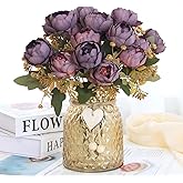 Leayiuvan Faux Flowers in Vase,Fake Flowers in Vase 21 Pcs Faux Peony Flowers,Artificial Flowers for Home Decor, Indoor Centerpiece for Living Room & Dining Table (Purple Red)