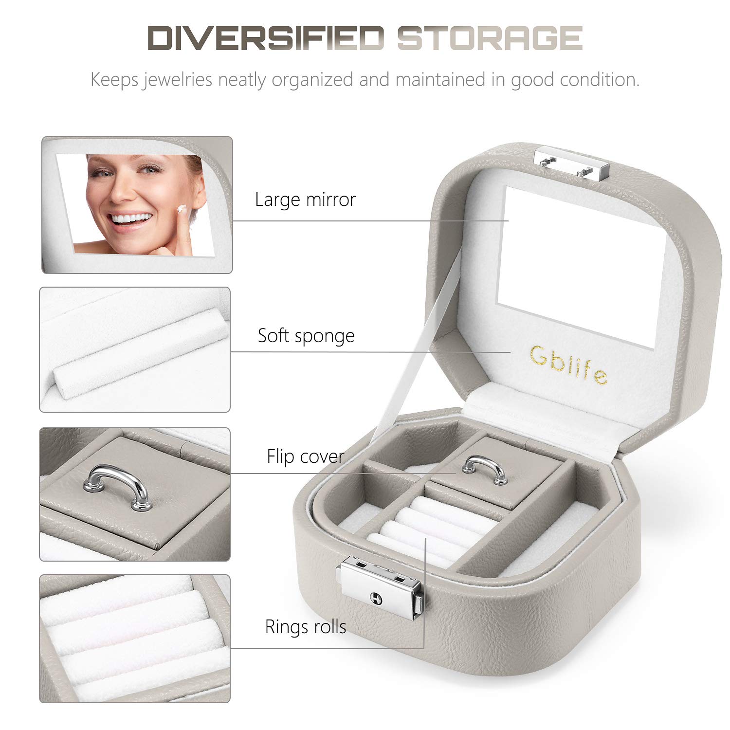 GBlife Jewellery Box, Jewel Box Organiser Display Case PU Leather Woman, Double Layers 5 Compartments, Storage Box Necklaces, Bracelets, Earrings, Hairpins, Cufflinks (Grey)