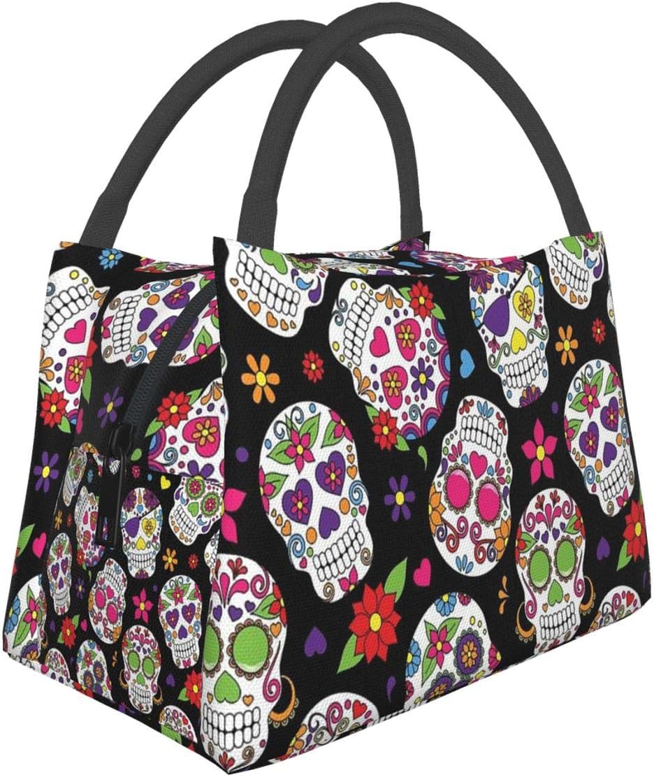 Lunch Bag Insulated Tote Day Of The Dead Sugar Skull Thermal Cooler Box Leakproof Collapsible Reusable Shopping Grocery Bags For School Office Picnic Travel