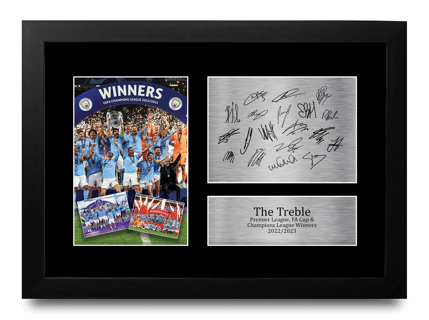 HWC Trading FR A4 Manchester City 2022-2023 Treble Winners Printed Memorabilia Signed Autograph Photograph Display for Football Fans and Supporters - A4 Framed