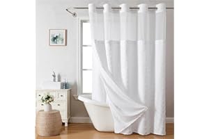 eachope No Hook Tufted Chevron Striped Shower Curtain with Snap-in Fabric Liner set-71Wx74H,Hotel Grade,Boho Style Waterproof Shower Curtain with See Through Top Window,White
