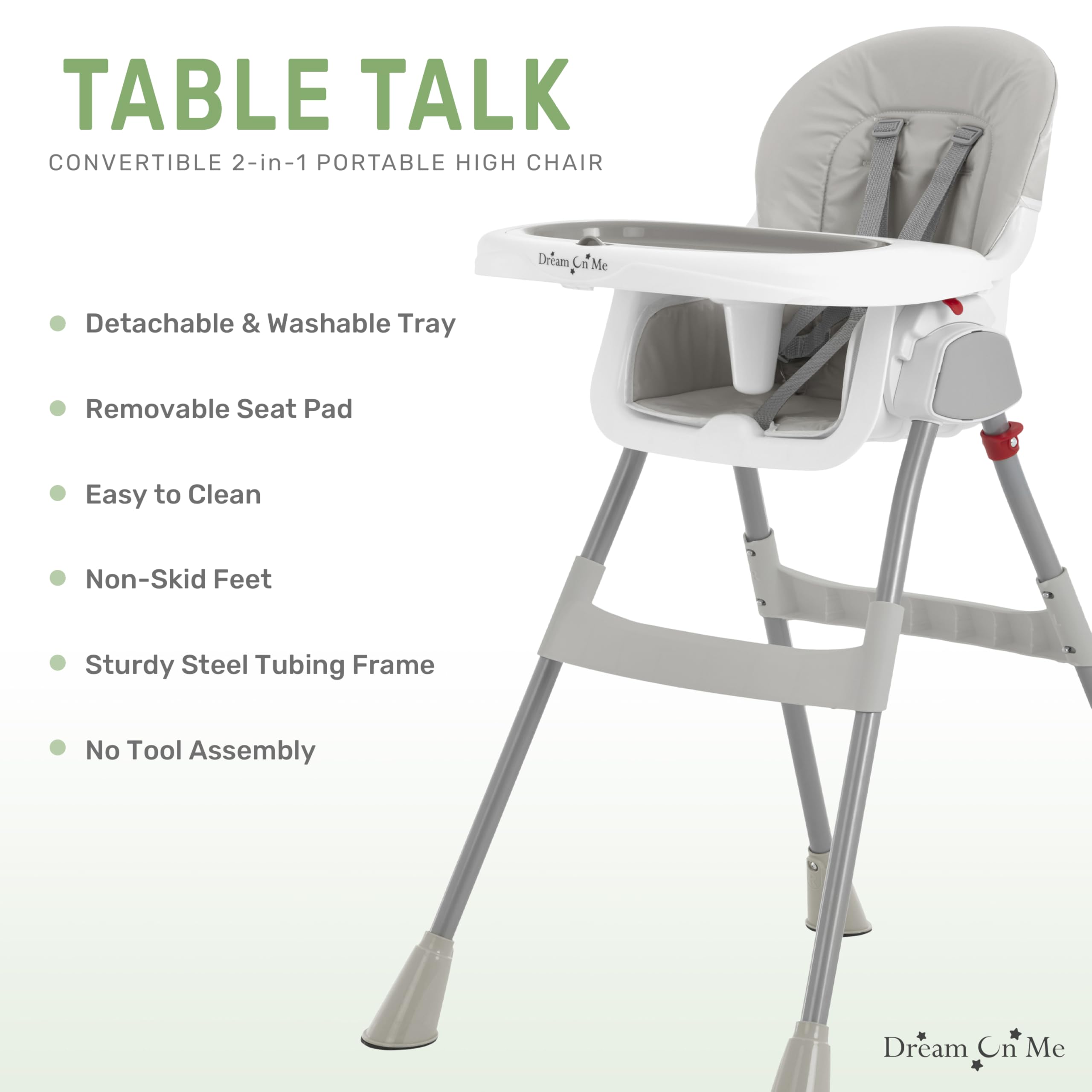Dream On Me Portable 2-in-1 Tabletalk High Chair, Convertible Compact High Chair, Light Weight Portable Highchair, Grey