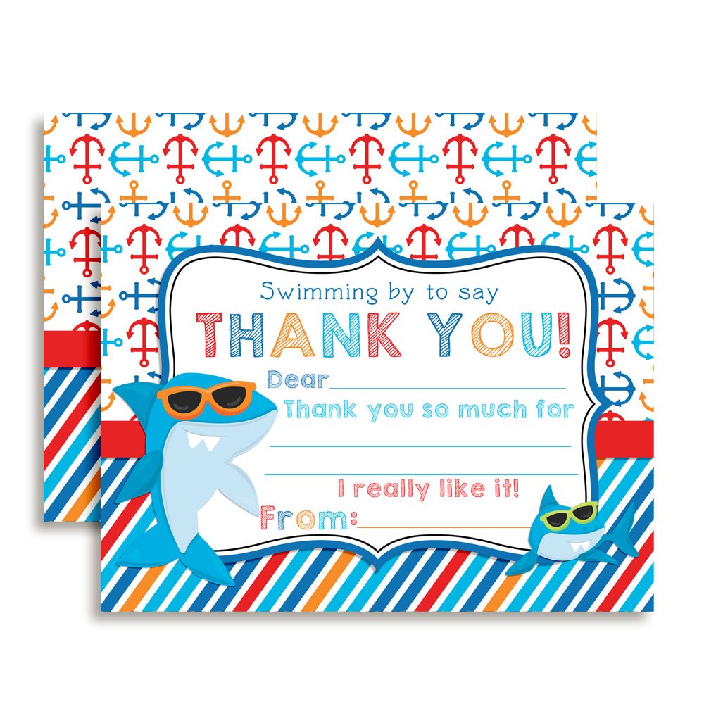 Shark in Sunglasses Birthday Thank You Notes for Kids, Ten 4" x 5.5" Fill In the Blank Cards with 10 White Envelopes by AmandaCreation