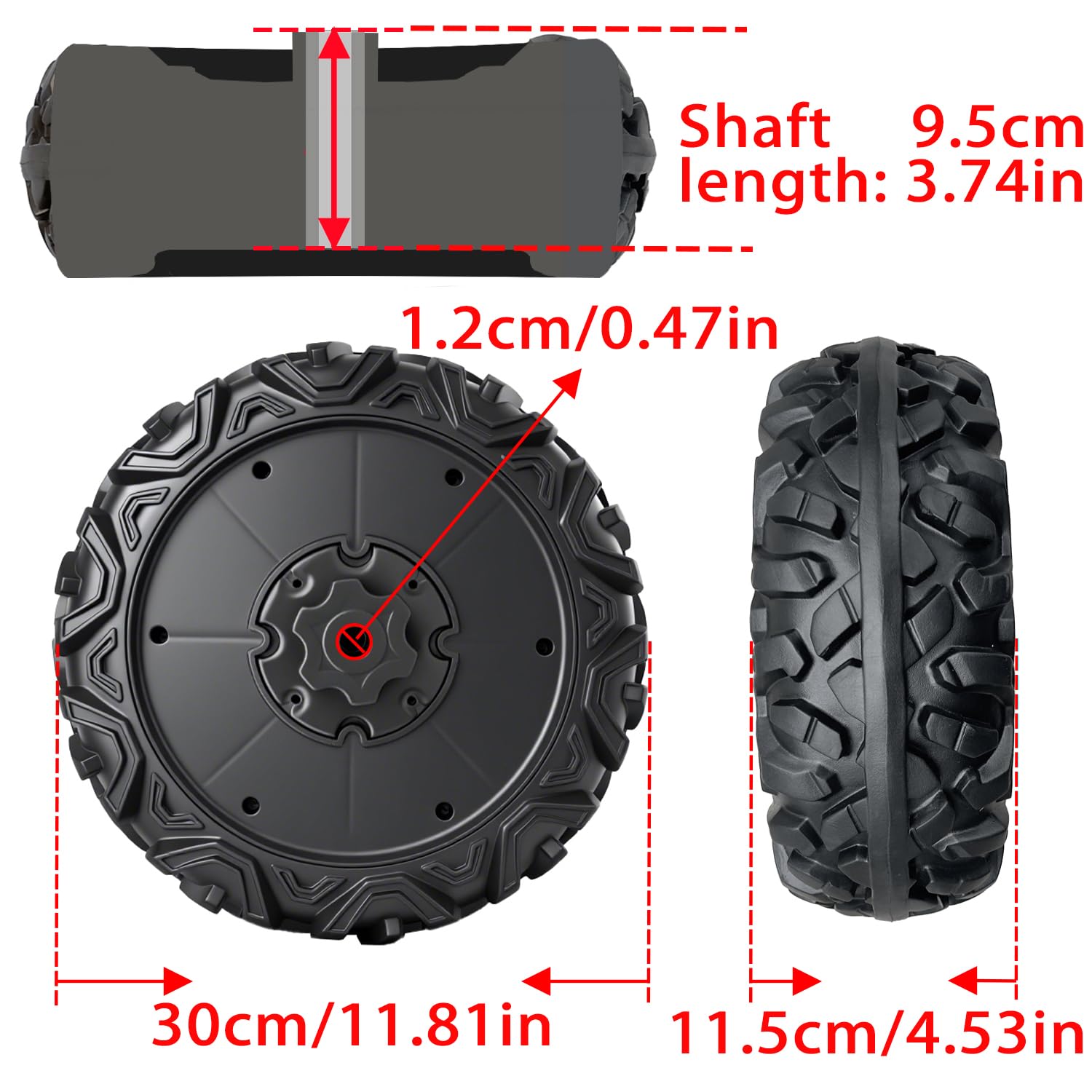 Condition photo showing New/Like New for 2 pack 30cm/11.8'' pu solid eva foam tire for power wheels,1.2cm/0.47in aperture front/rear gator alligator wheel for suv/utv/atv ride on car replacement tires upgrade,free coupler (11.8in tires)