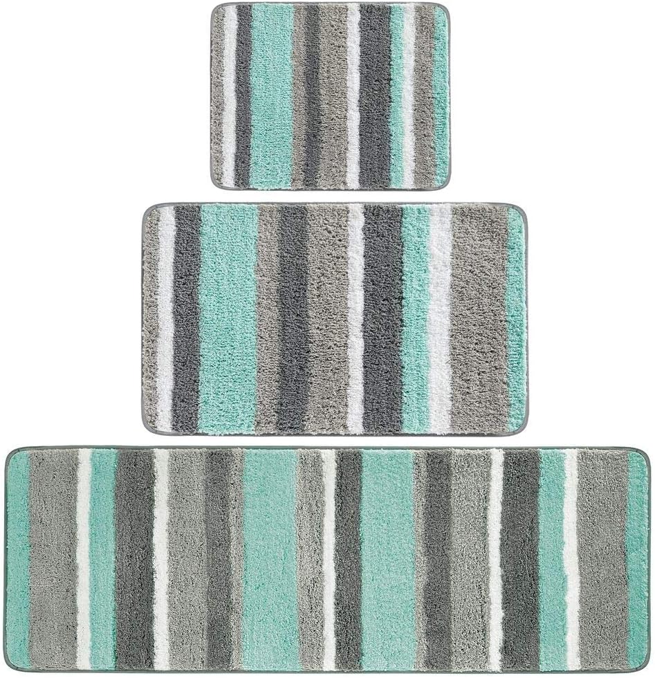 mDesign Soft Microfiber Polyester Spa Rugs for Bathroom Vanity, Tub/Shower - Water Absorbent, Machine Washable - Plush Non-Slip Rectangular Accent Rug Mat -Striped Design, Set of 3 Sizes - Mint/Gray