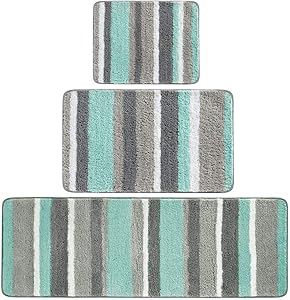 mDesign Soft Microfiber Polyester Spa Rugs for Bathroom Vanity, Tub/Shower - Water Absorbent, Machine Washable - Plush Non-Slip Rectangular Accent Rug Mat -Striped Design, Set of 3 Sizes - Mint/Gray