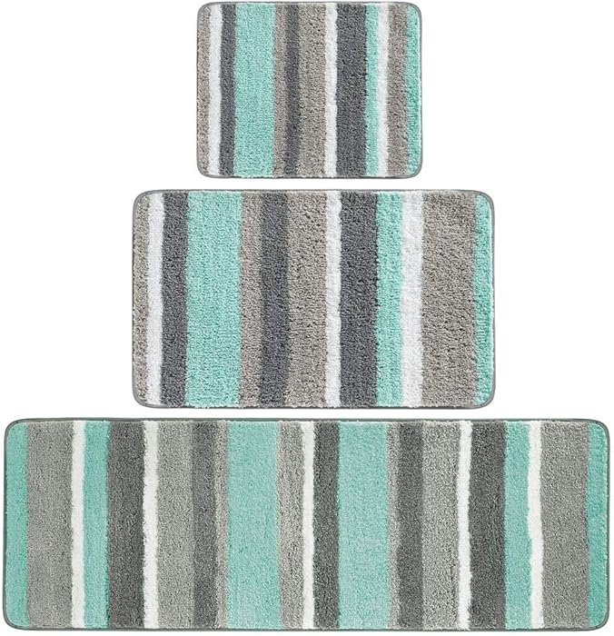 mDesign Soft Microfiber Polyester Spa Rugs for Bathroom Vanity, Tub/Shower - Water Absorbent, Machine Washable - Plush Non-Slip Rectangular Accent Rug Mat -Striped Design, Set of 3 Sizes - Mint/Gray