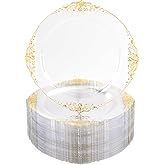 Nervure 100PCS Clear and Gold Plastic Plates - 10.25Inch Gold Disposable Plates - Heavyweight Dinner Plate for Wedding & Party