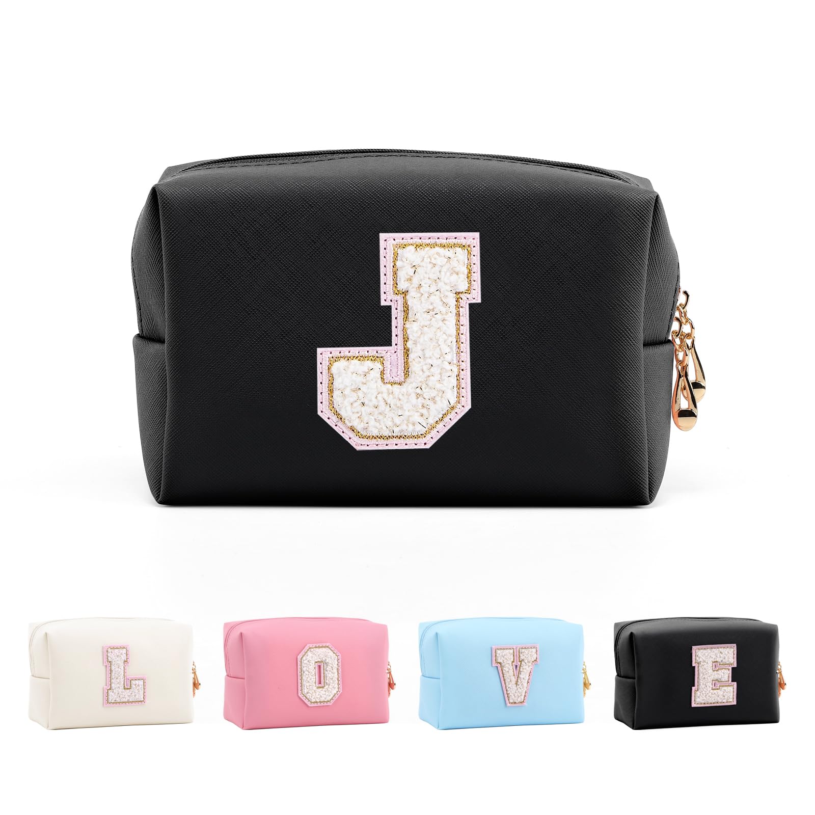 Anntry Small Personalized Initial Letter Makeup Bag, Cute Waterproof PU Leather Chenille Letter Cosmetic Bag Travel Makeup Bag, Preppy Makeup Pouch Toiletry Zipper Pouch Organizer for Women and Girls