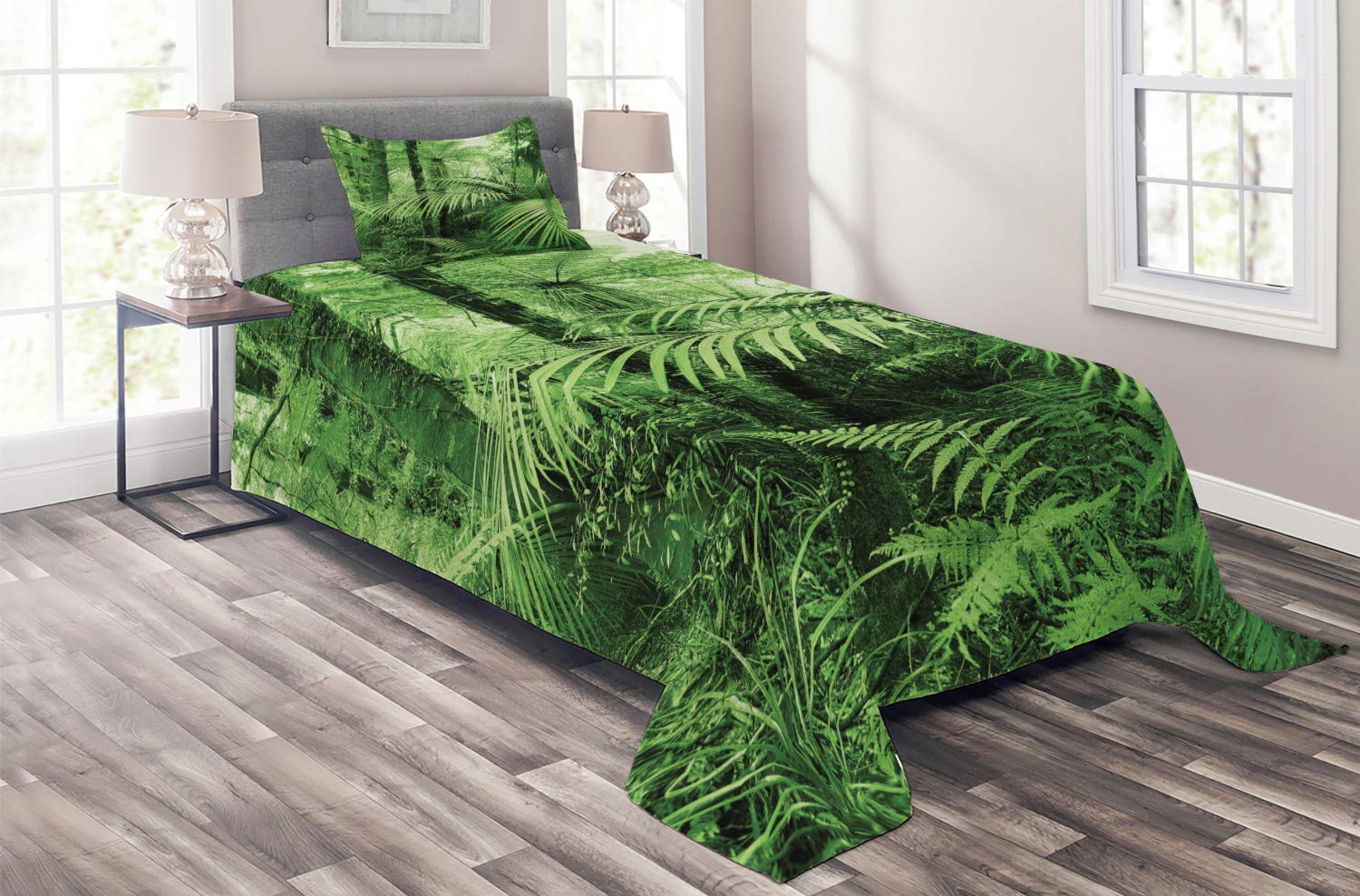 Ambesonne Rainforest Coverlet Palm Trees And Exotic Plants In Tropical Jungle Wild Nature Theme Illustration 2 Piece Decorative Quilted Bedspread