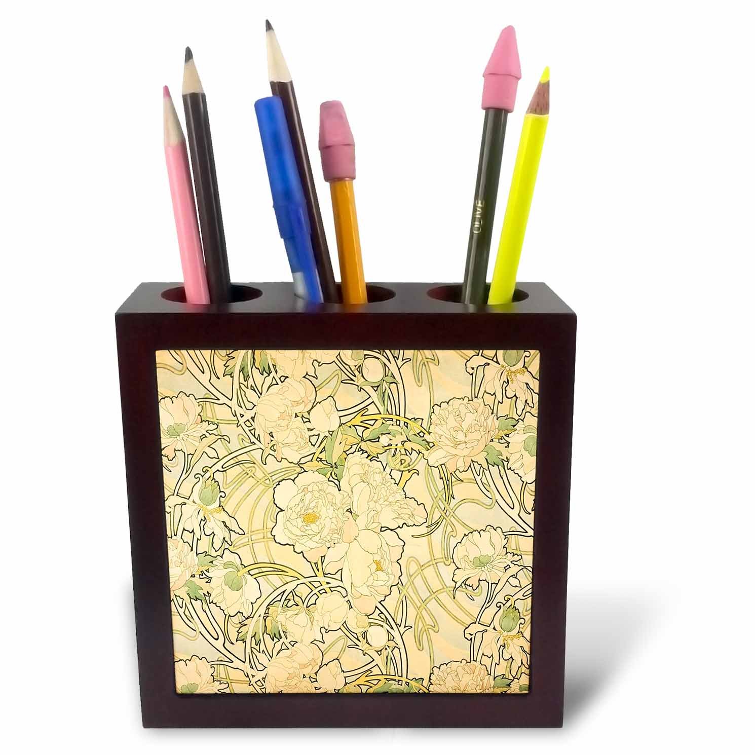 3dRose ph_245043_1 5-Inch Image of Alphonse Muchas Floral Peonies Pattern Tile Pen Holder