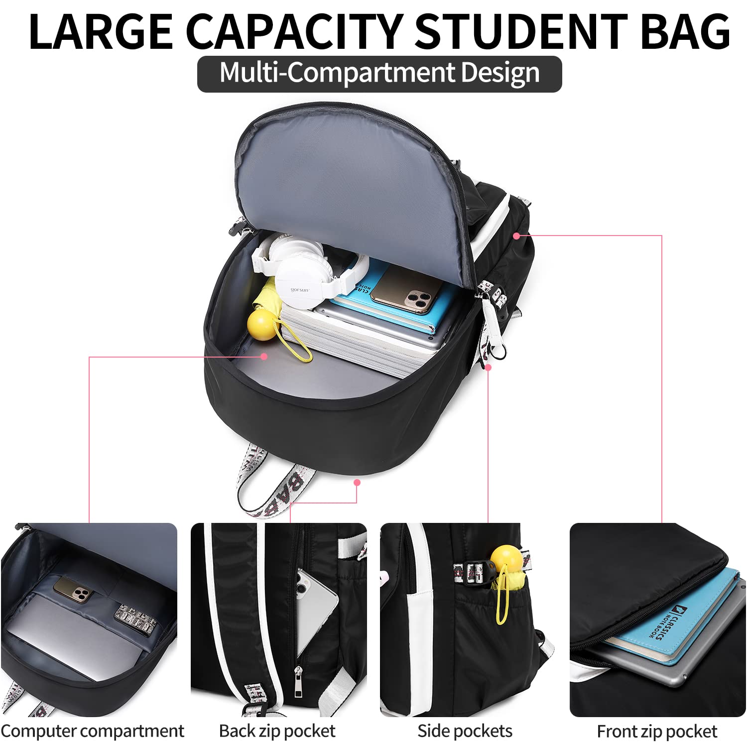 Teenage Girls Bookbag School Backpack Children Casual Daypack Schoolbag for Teens Black White