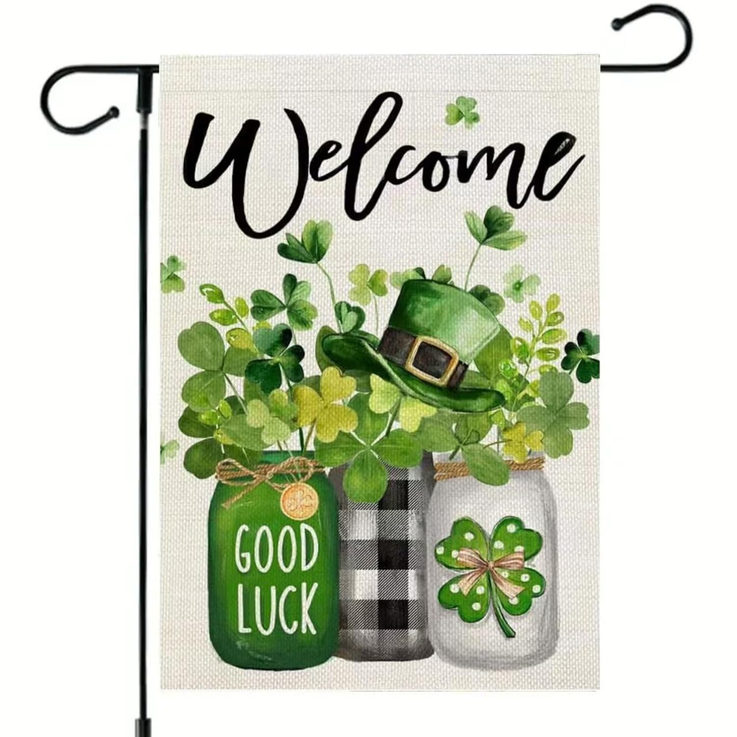 St. Patrick’s Day Shamrocks Garden Flag – 12x18 Inch Double-Sided Flag Featuring Three Jars, Shamrock Design, and Welcome Message, Perfect for Outdoor Lawn and Patio Decorations