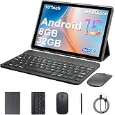 Android 15 Tablet 10 inch Tablets, 8GB RAM 32GB ROM 1TB Expand, 2 in 1 Tablet with Keyboard Case Mouse Stylus, 5G WiFi, BT5.0, 6000mAh, 1280x800 HD IPS Screen, 8MP Dual Camera, GMS, Widevine L1, Black