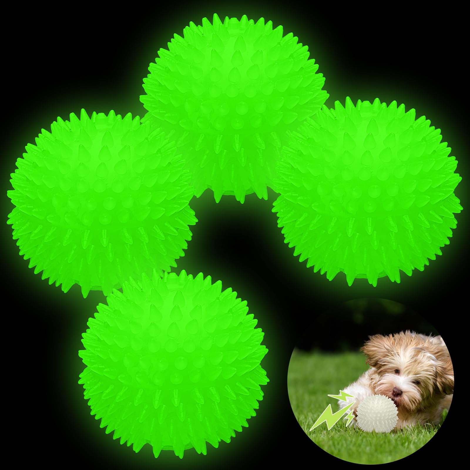 Photo 1 of (BAGGED) (USED/FAIR) (UNTESTED) Silipull 4 Pcs 3.15 Inch Glow Dog Ball Spiky Squeaky Dog Toy Ball Glow in The Dark Rubber Interactive Elastic Puppy Fetch Chew Toys for Aggressive Chewers Small, Medium, Large Puppy Pet