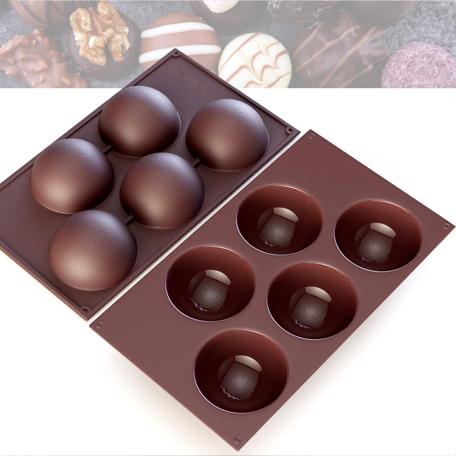 cce Extra Large 5 Holes Semi Sphere Silicone Molds for Baking, 2 Pcs half globe Silicone Mold for Chocolate Bombs Balls, Cocoa Bomb, Cake, Dome, Jelly, Handmade Soap, BPA Free Cupcake Baking Pan