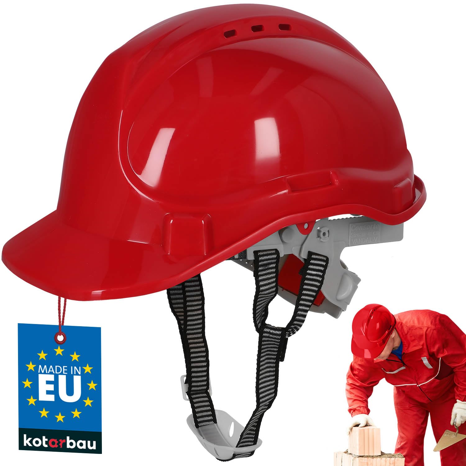 KOTARBAU® Hard Hat - Plastic - Red - Adjustable - Safety Helmet - with Chin Strap - Construction Helmet - Lightweight Durable