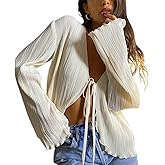 Women Bell Sleeve Top Sexy Tie Front Sheer Blouse Going Out Tops Y2k Streetwear