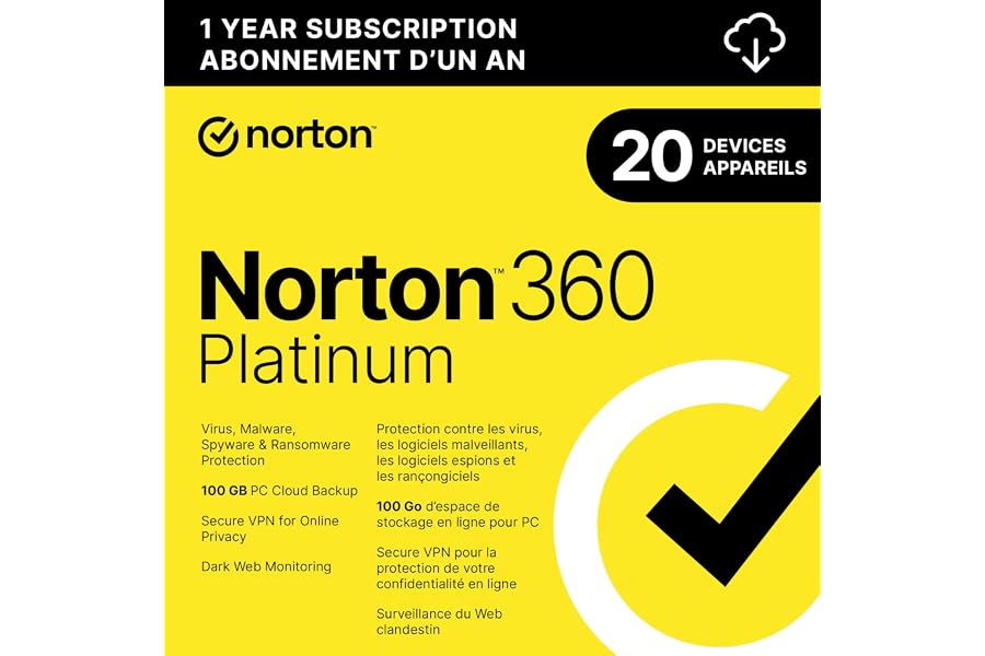 Norton 360 Platinum 2025, Antivirus software for 20 Devices, 1-Year Subscription - Includes VPN, Dark Web Monitoring and PC C