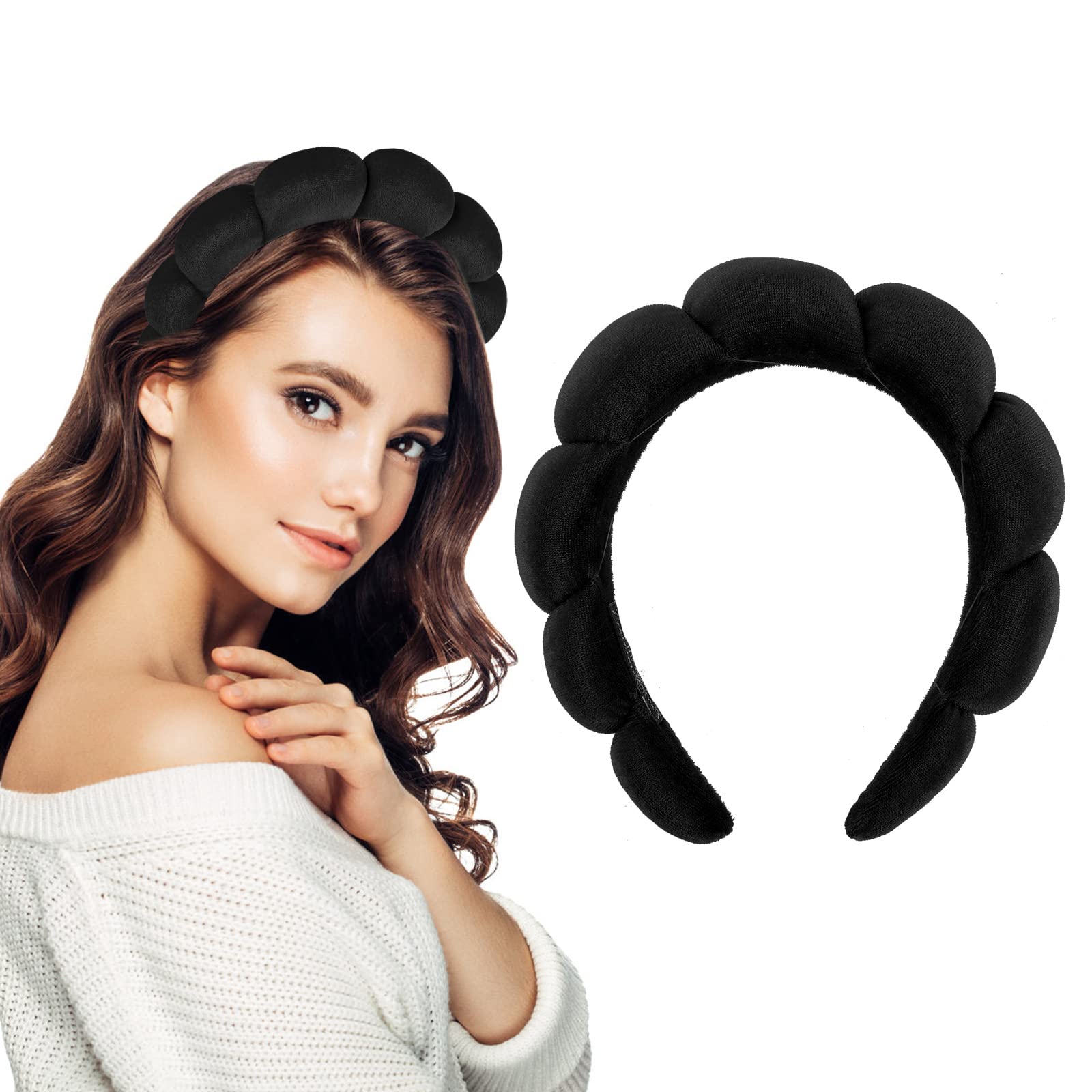 Spa Makeup Headband for Women Sponge Skincare Headband Soft Terry Cloth Fabric Hairband Hair Accessories for Washing Face, Makeup Removal, Shower, Skincare (Black)
