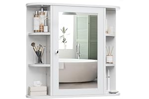 Meilocar Bathroom Medicine Cabinet, Bathroom Mirror Cabinet Wall Mounted with 6 Side Open Shelves, White Wall Cabinet with Mirror, White