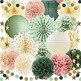 Boho Paper Decorations Set, Sage Green Dusty Pink Party Decorations Set, Boho Baby Shower Decoration Paper Pom Poms Lanterns Honeycomb Balls Hanging Star Garland for Birthday Baby Shower Wedding Party