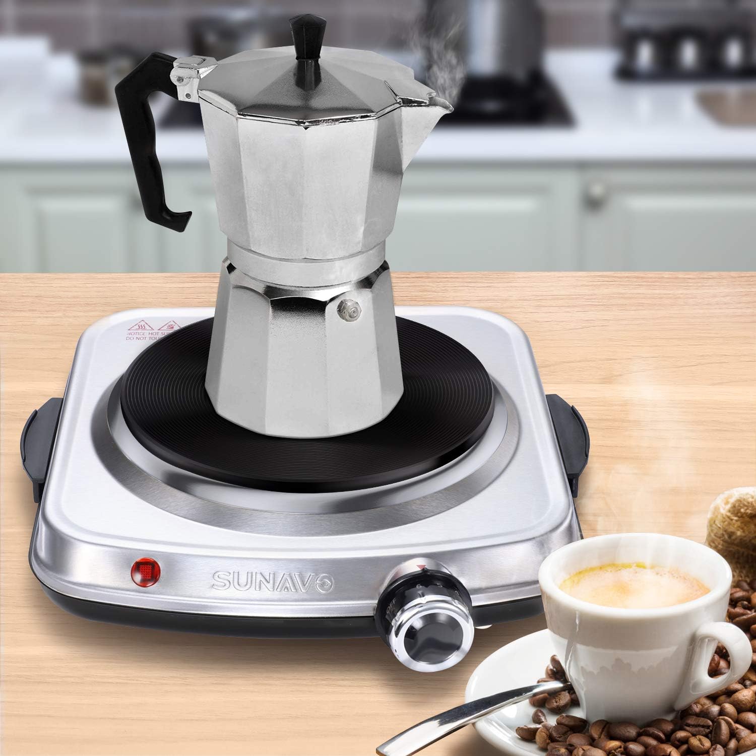 SUNAVO 1500W Hot Plates for Cooking, Electric Single Burner with Handles, 6 Power Levels Stainless Steel Hot Plate for Kitchen Camping RV and More Silver: Kitchen & Dining