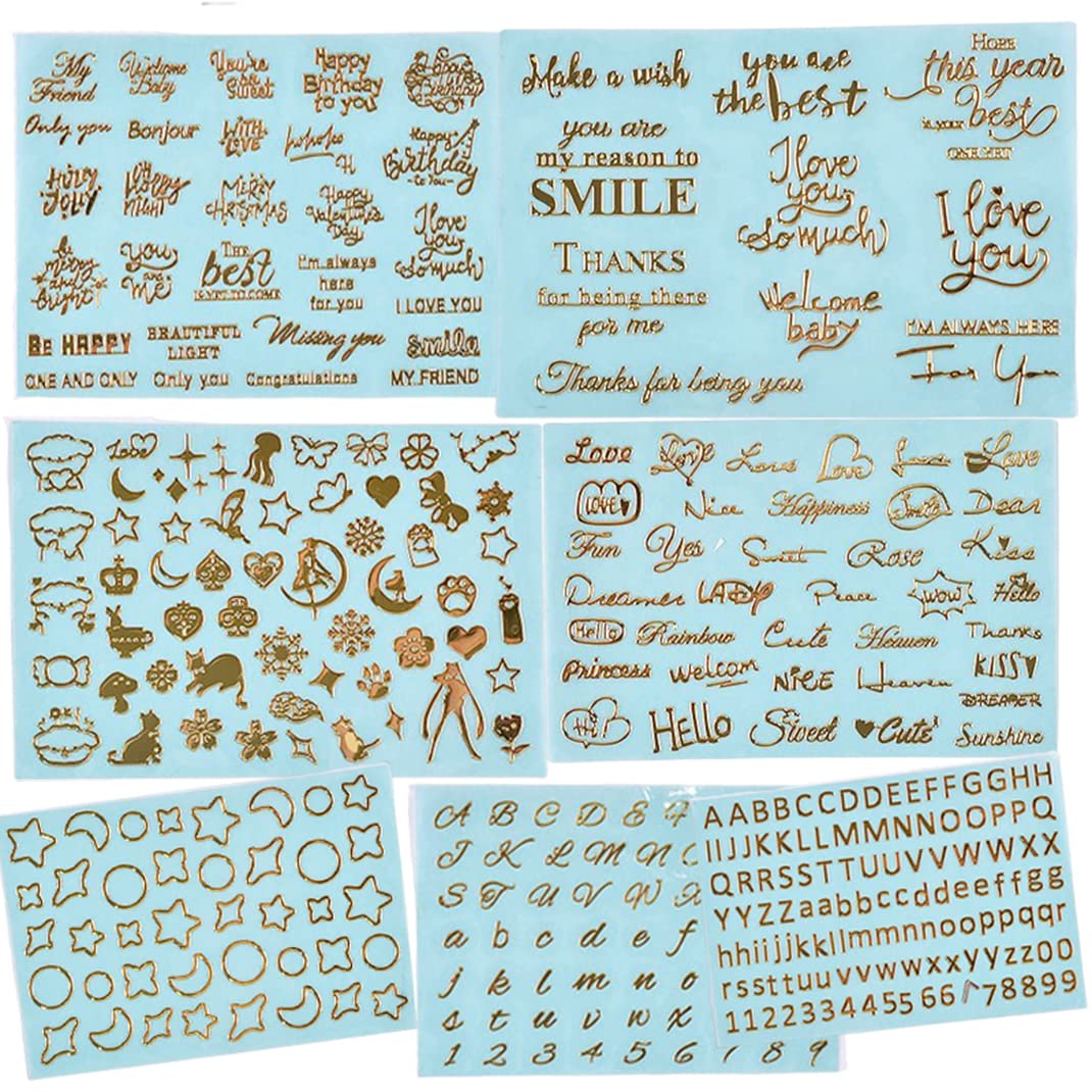 DIYBravo 7 Sheets Gold Stickers Words Letters Resin Filler Decorative Films Art Supplies Kit for Scrapbooking Resin Jewelry Making Decoration Accessories