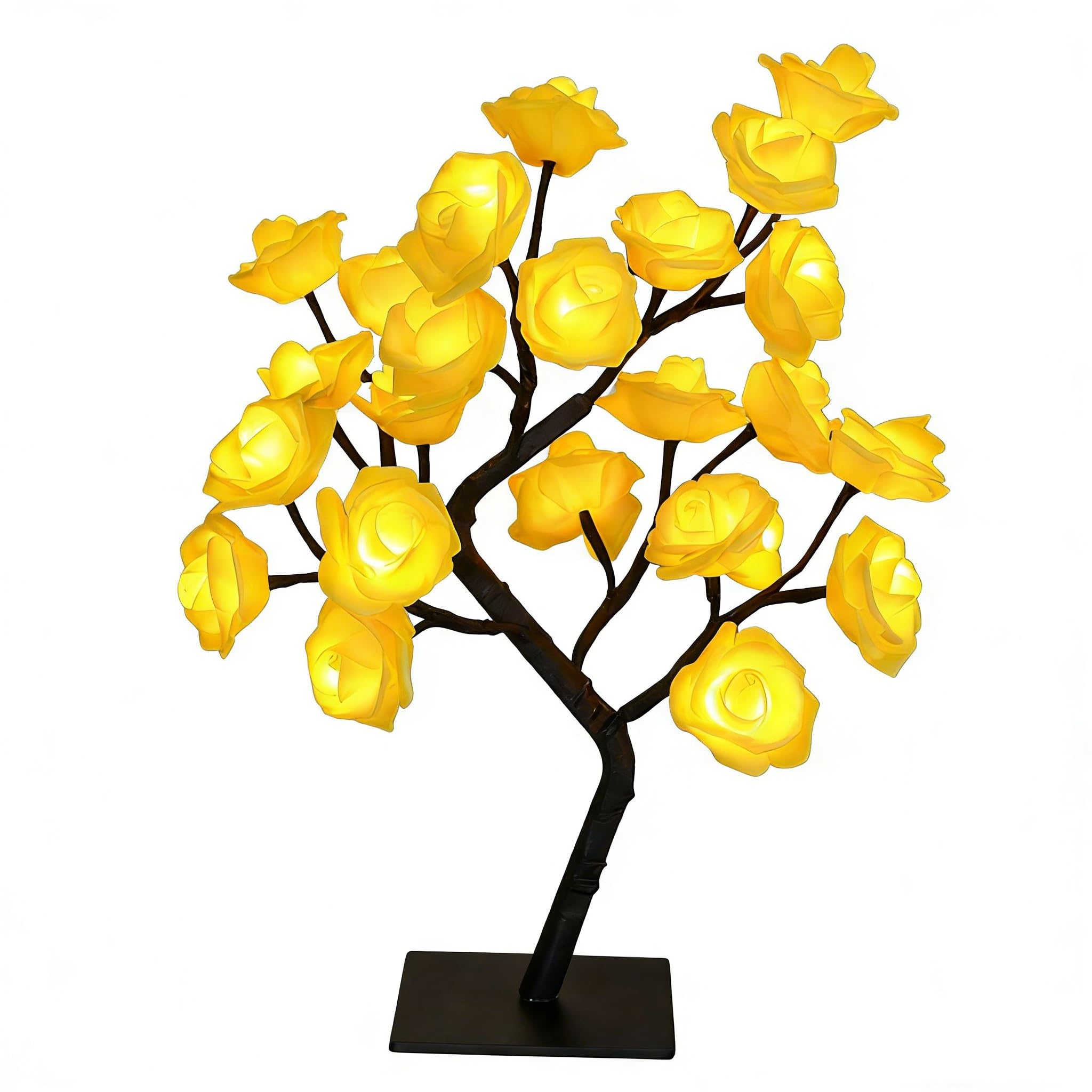 XVICO Romantic Yellow LED Rose Tree Lamp - USB Powered Soft Warm White Ambient Night Light, Artificial Bonsai Table Lamp for Home Bedroom, Valentines Day Gifts, Wedding Centerpiece & Christmas Decor