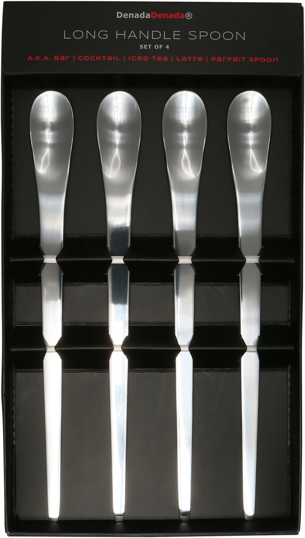 DenadaDenada Spoon Long Handle Stainless Steel 8" Bar Latte Iced Tea Parfait Ice Cream Spoons 4-pack (Design 1)
