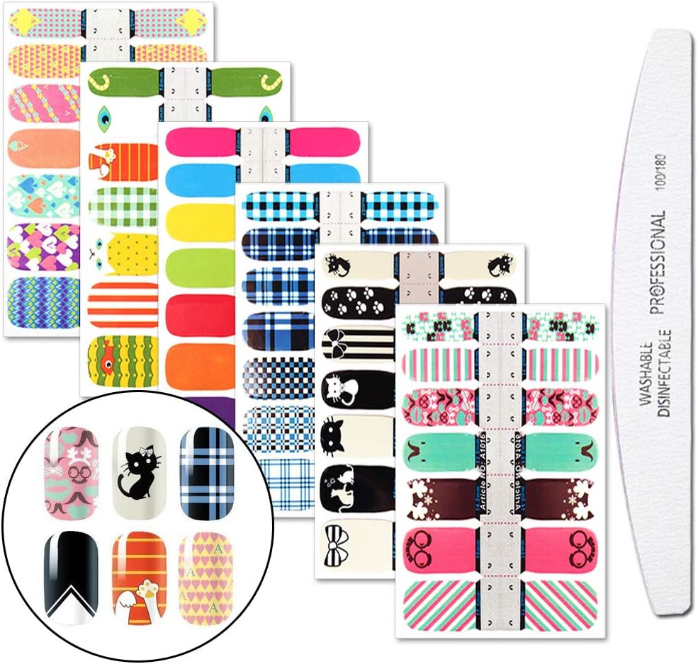 WOKOTO 6 Pieces Cartoon Nail Art Polish Sticker Tips with 1Pc Nail File Cat Adhesive Nail Wraps Decal Strips Manicure Kits