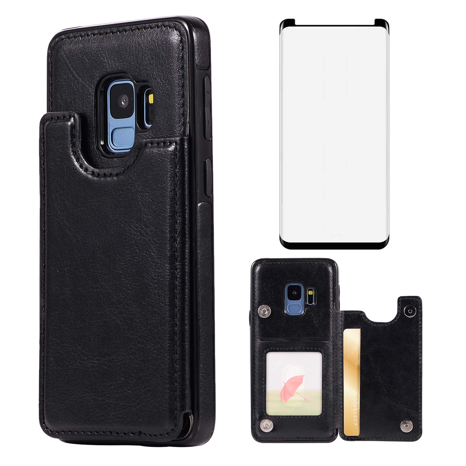 Asuwish Compatible with Samsung Galaxy S9 Wallet Case and Tempered Glass Screen Protector Card Holder Stand Leather Flip Cell Accessories Cover Phone Cases for Glaxay S 9 Edge 9S GS9 Women Men Black