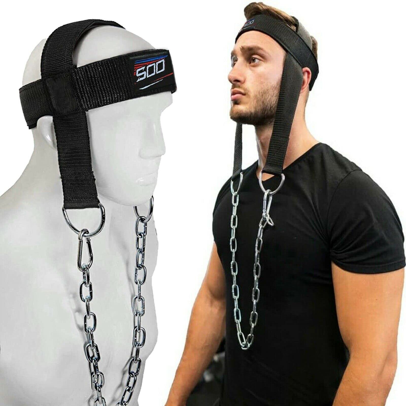 Sports Neck Training Exerciser Head Harness Fitness Weight Lifting Training Neck Trainer to Improve Muscle Strength with Long Steel Chain and Neoprene Strap