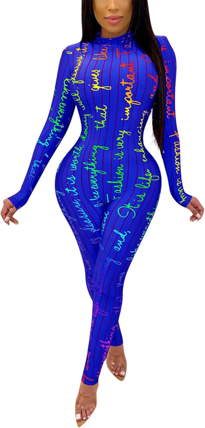 Amazon Com Cnfaclu Fashion Graffiti Letters Slim Jumpsuits Womens Long Sleeve Printed Skinny Pants Rompers Clothing